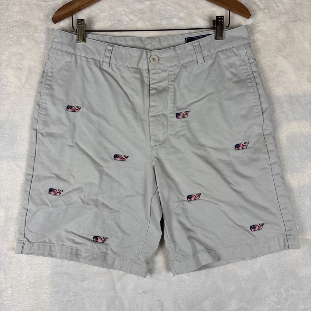 Vineyard Vines Mens 34 Breaker Shorts Stone Khaki USA Flag Whale Embroidered